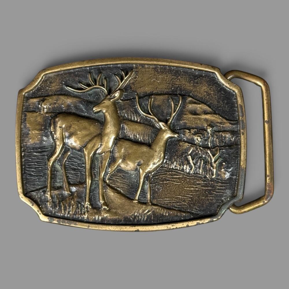 Vintage 1970' BTS Belt Buckle Solid Brass Deer Buck Stag Hunting
